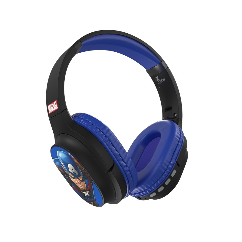 Xtech Edición Capitán América, Audífonos para niños con micrófono, Inalámbrico Bluetooth, 3.5mm, Negro/Azul · XTH-M660CA