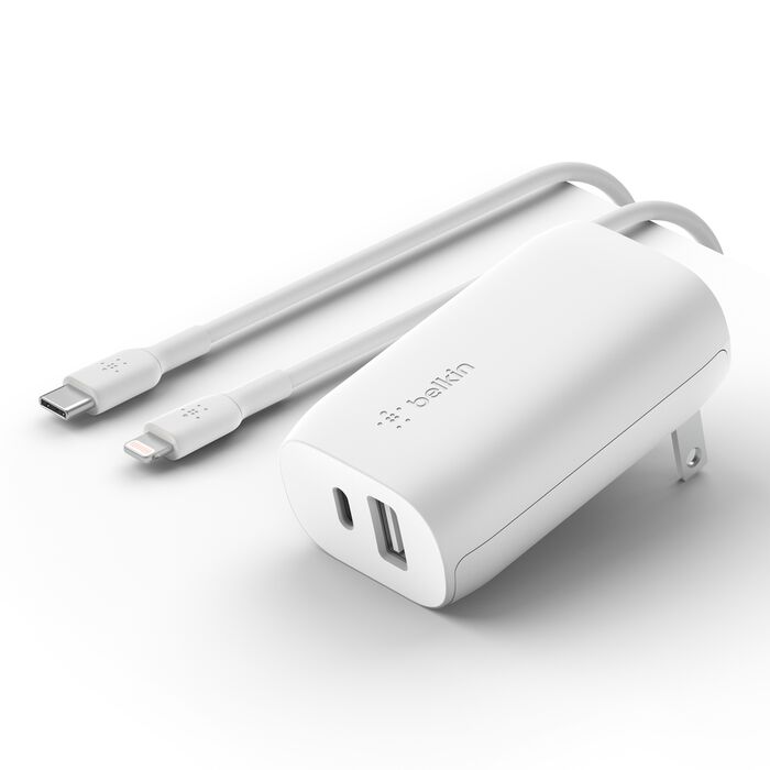 Belkin BoostCharge, Cargador de pared doble con cable Lightning a USB-C, 37 W · WCB007dq1MWH-B5