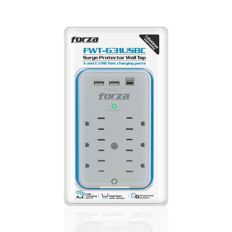 Forza, Protector de voltaje 6 salidas, 2x USB-A y 1x USB-C, 120V, 1875W · FWT-631USBC