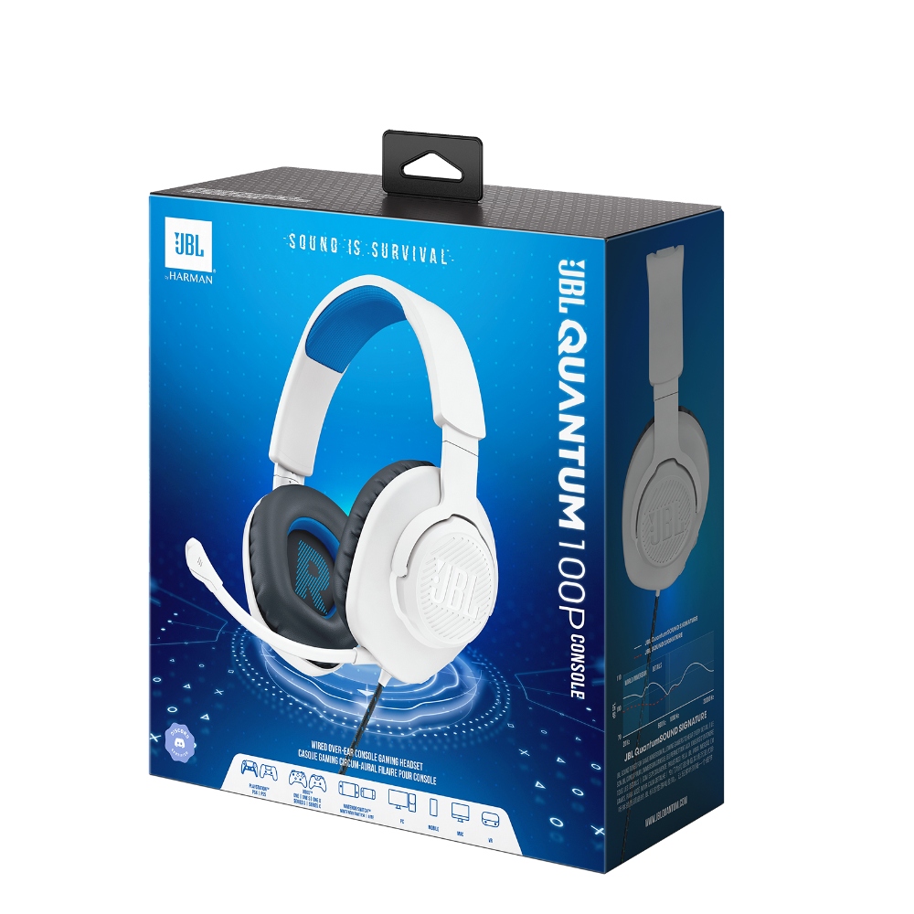 JBL Quantum 100P Console, Auriculares Gaming con cable 3.5mm y micrófono desmontable (Blanco) · JBLQ100PWHTBLUAM