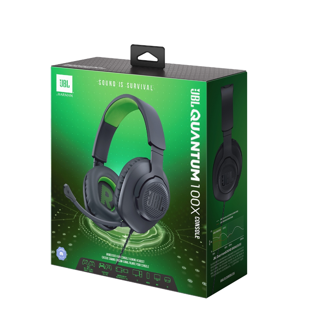 JBL Quantum 100X Console, Auriculares Gaming con cable 3.5mm y micrófono desmontable (Negro) · JBLQ100XBLKGRNAM