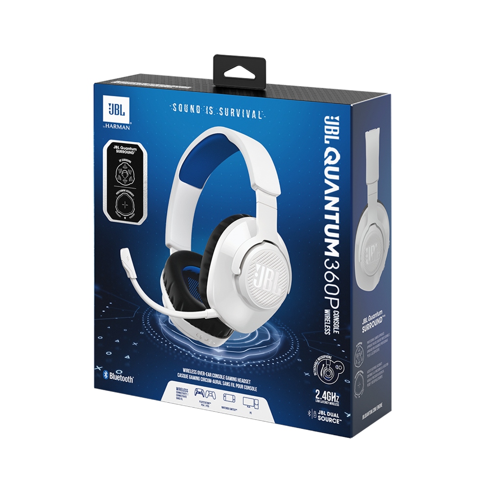 JBL Quantum 360P Console Wireless, Auriculares Gaming inalámbricos, USB 2.4 GHz, Bluetooth, 22h · JBLQ360PWLWHTBLUAM
