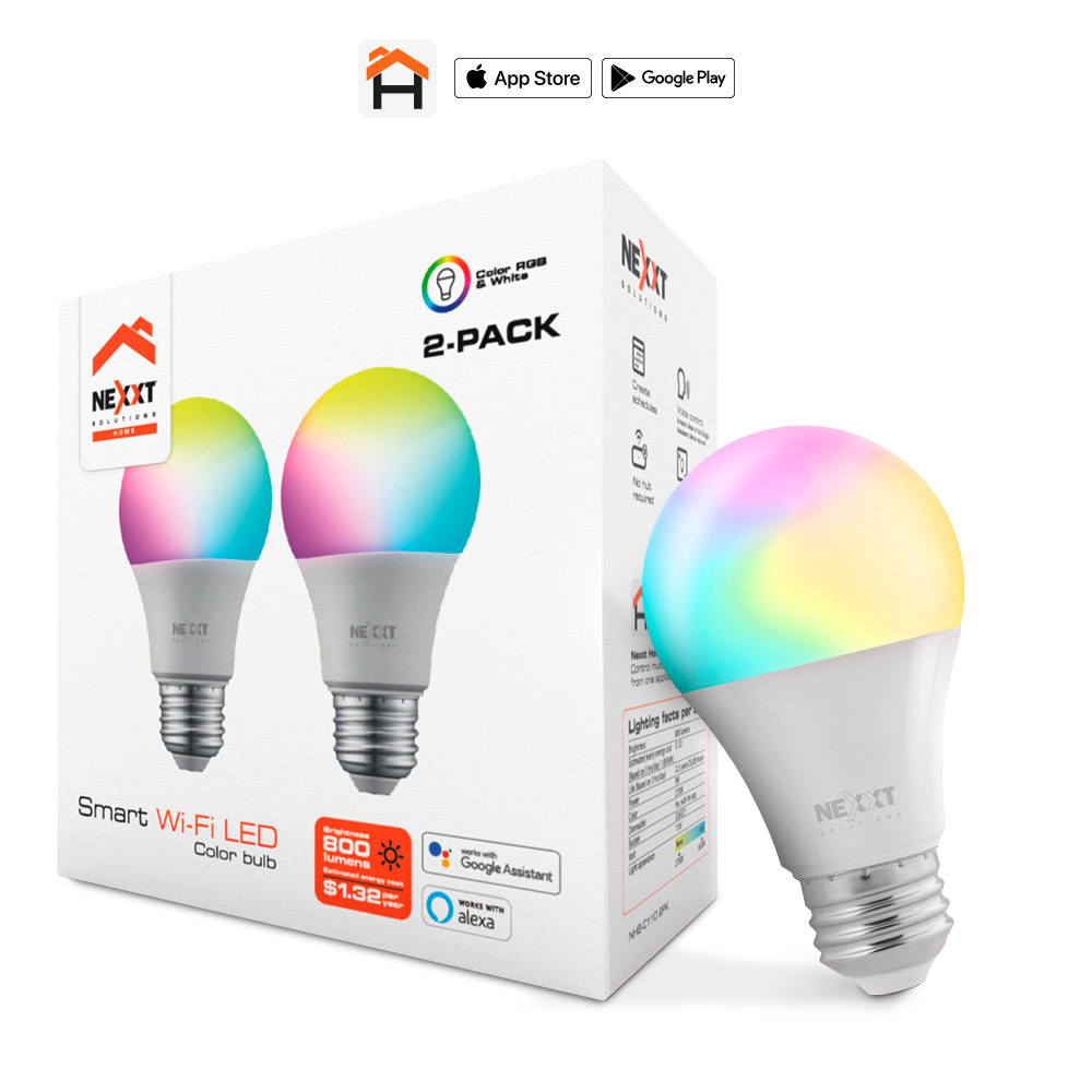 Nexxt Solutions, Paquete de 2 Bombillas LED RGB inteligente Wi-Fi, 800 Lumen, 110V · NHB-C1102PK