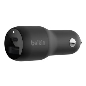 Belkin BoostCharge, Cargador doble de carro USB-C/USB-A + Cable USB-C a Lightning, 37W · CCB004bt1MBK-B5