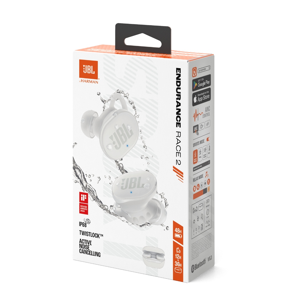 JBL Endurance Race 2, Auriculares inalámbricos deportivos con micrófono, Bluetooth, ANC, 48h (Blanco) · JBLENDURACE2WHTAM