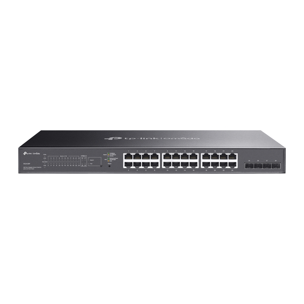 TP-Link, Switch Omada Smart de 28 puertos (24x PoE+) (4x SFP) Gigabit, Rackeable, 250 W · TL-SG2428P