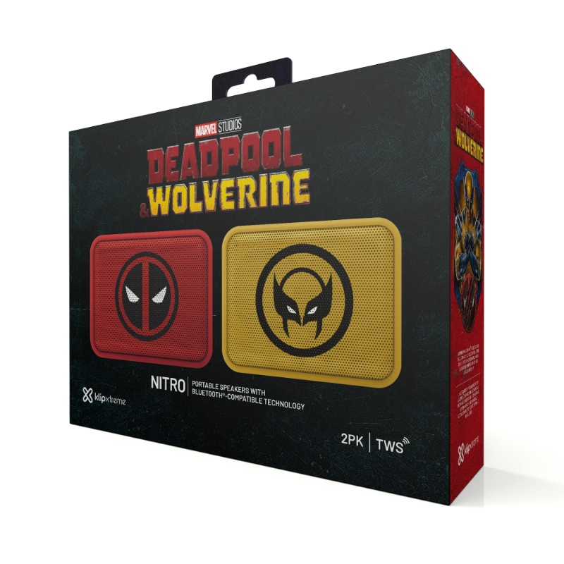 Klip Xtreme Nitro Kit Edición Wolverine/Deadpool, Parlante Inalámbrico Portátil, Bluetooth, Waterproof IPX7, 20hr, Amarillo/Rojo · KBS-025MD-2PK