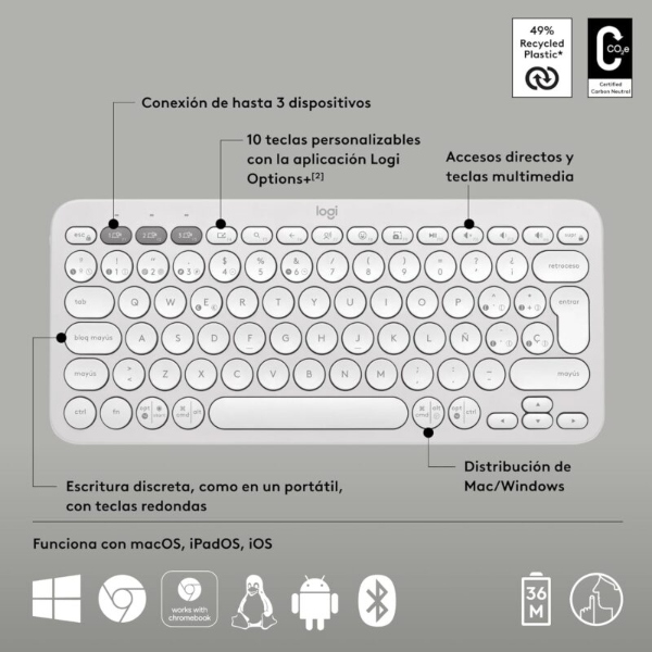 Logitech Pebble Keys 2 K380s. Teclado inalámbrico compacto, Bluetooth, Español, Blanco · 920-011784
