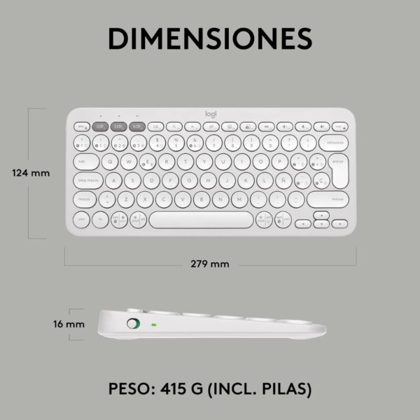 Logitech Pebble Keys 2 K380s. Teclado inalámbrico compacto, Bluetooth, Español, Blanco · 920-011784