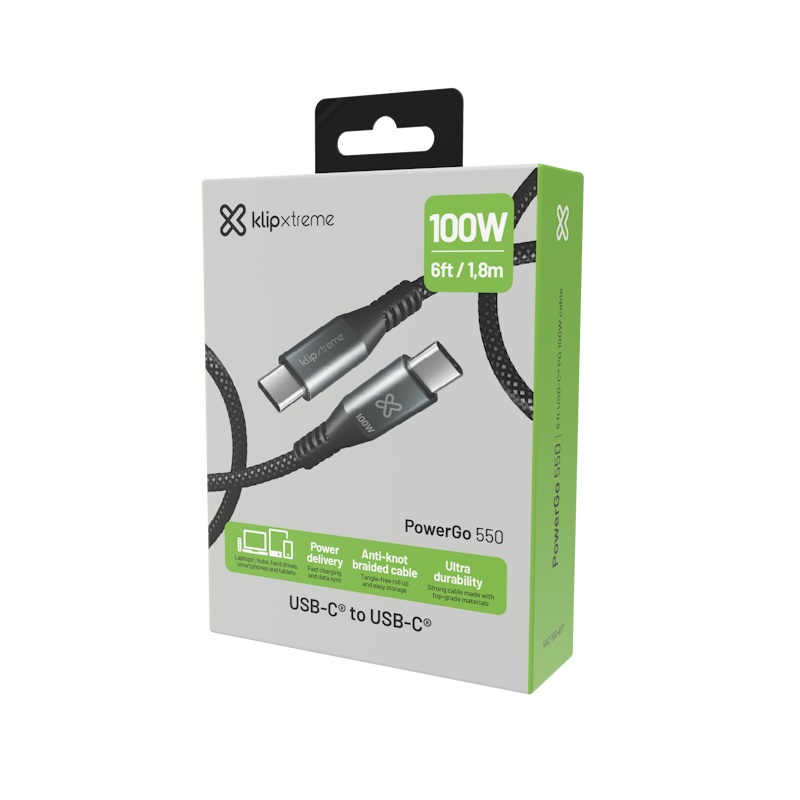 Klip Xtreme PowerGo 550, Cable trenzado USB-C de carga rápida, 100W, 6FT · KAC-550-6FT
